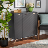 Baxton Studio LV19SC1915-Dark Grey-Shoe Cabinet Kelson Modern and Contemporary Dark Grey and Gold Finished Wood 3-Door Shoe Cabinetd